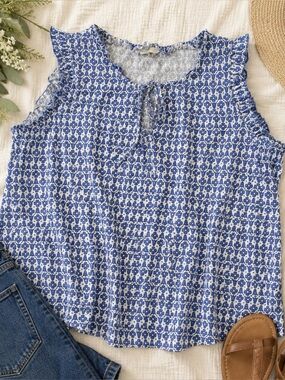 Boden Womens Blue White Floral Sleeveless Top US 16 Ruffle Tie Neck Cotton Modal